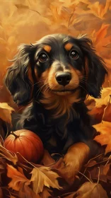 Autumn-eyed dachshund nestled in golden leaves and pumpkins.