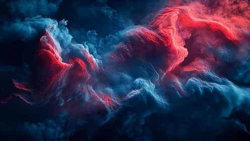 Red and blue abstract storm clouds in dark space.