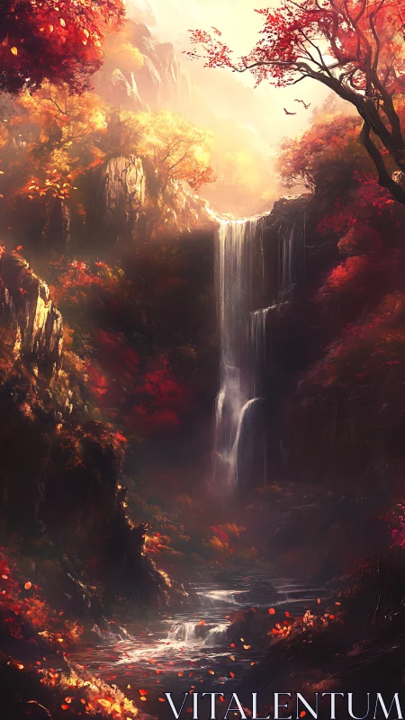 Waterfall drops through red autumn forest into winding stream