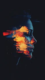 Glitching neon portrait fuses human profile with digital fire