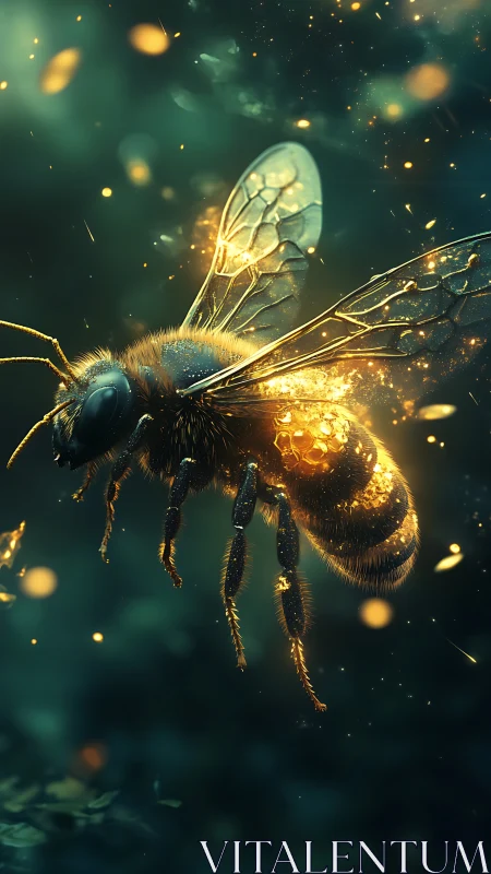 Macro side view of illuminated bee in dark green space.