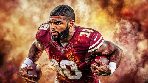 Blazing gridiron runner charging through a storm of fire.