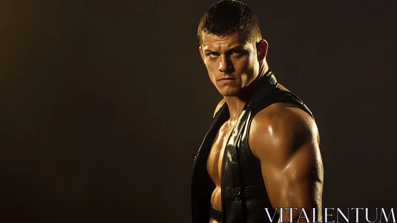 Muscular man in leather vest under directional studio light.