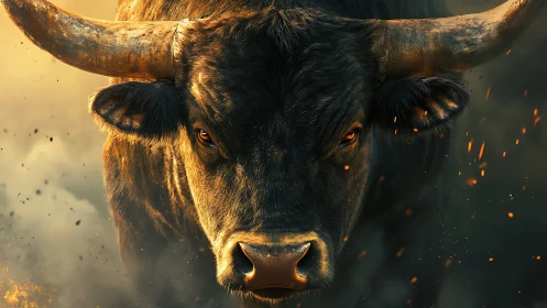 Fiery bull charges through smoke and sparks in dramatic focus.