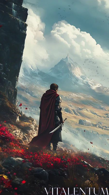 Lone cloaked warrior surveys distant snow peak under towering clouds