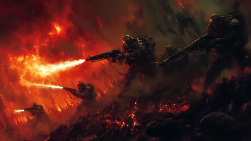 Hellfire vanguard storms a burning wasteland battlefield.