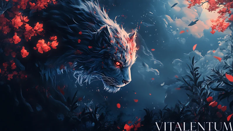 Enchanted spirit wolf emerges through crimson forest dusk