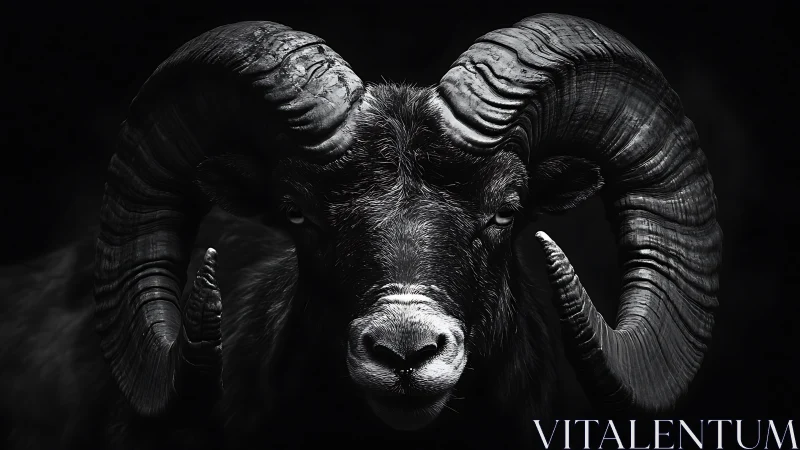 Powerful ram portrait glows softly against deep shadowed black