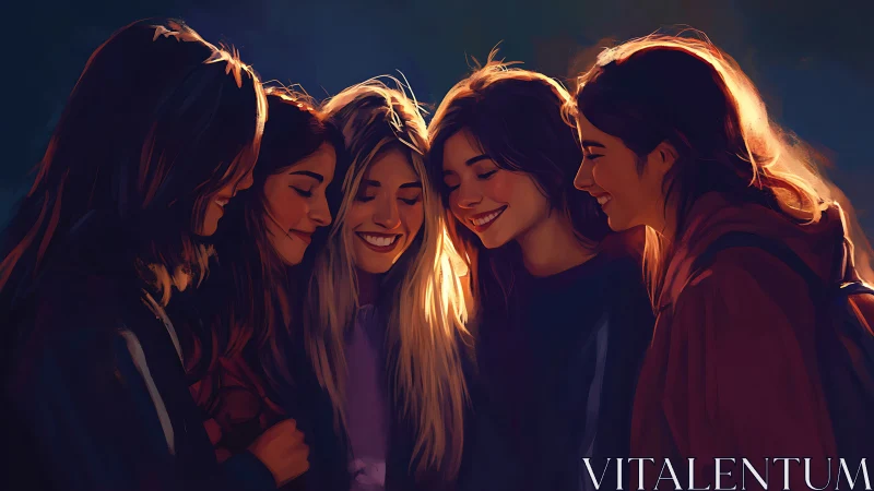 Group of Young Women Smiling Together in Warm Artistic Lighting.