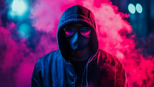 Hooded masked figure in neon magenta cyan backlit atmospheric haze