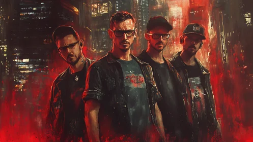 Urban night crew in glowing red city haze portrait.