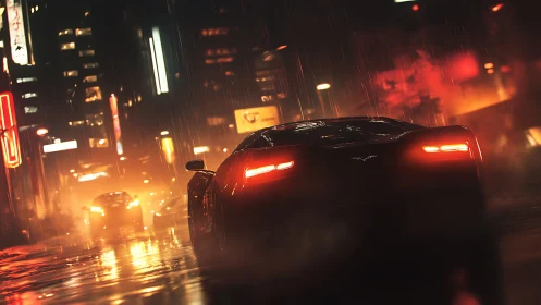 Night rain ignites a sleek sports car on neon city streets