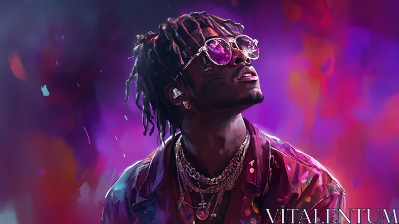 Neon-lit digital portrait of stylish rapper in colors.