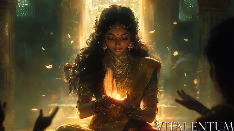 Digital painting of luminous goddess figure in ritual ambience.