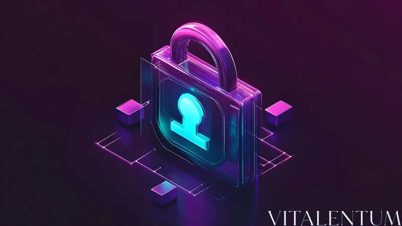 Neon 3D security padlock icon with digital grid glow.