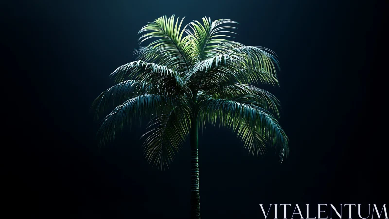 Isolated palm tree under dramatic rim lighting on black stage.