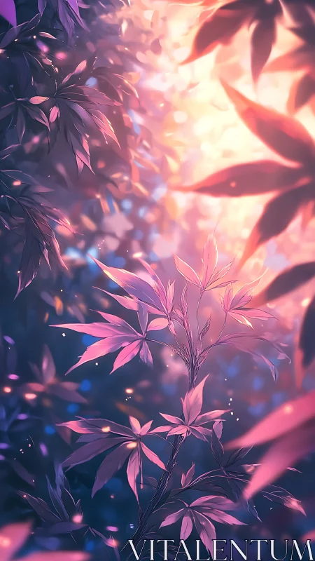 Purple and pink leaves glow against soft bokeh light background
