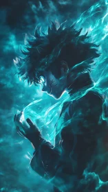 Electrified anime silhouette with turquoise ethereal energy aura