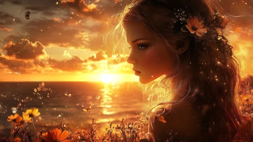 Sunlit sea breeze kisses a dreamy girl in glowing wildflowers