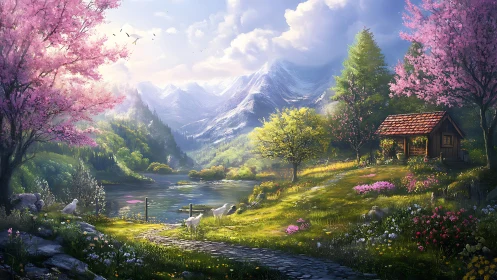 Spring valley cottage overlooks serene lake and snowy peaks