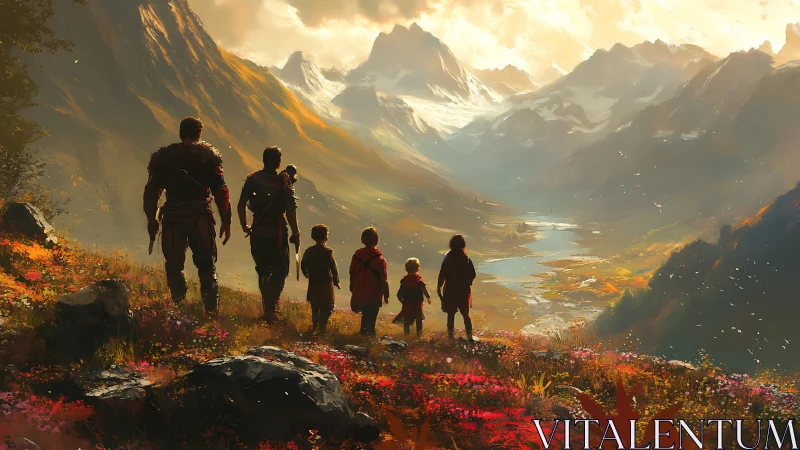 Pilgrims of dawn gaze across a spelllit mountain valley.