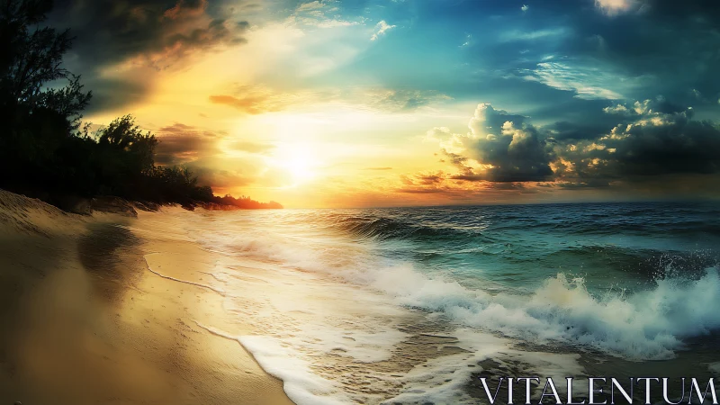 Digital seascape sunset with dynamic surf and luminous horizon.