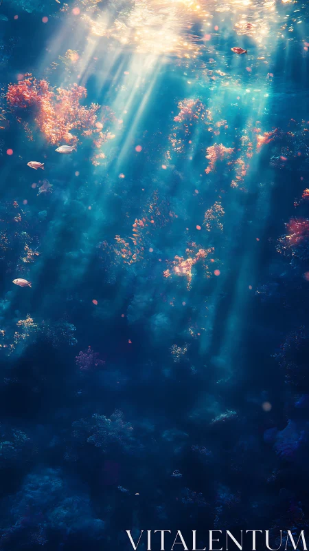 Sunlight penetrates blue ocean water onto glowing coral reef