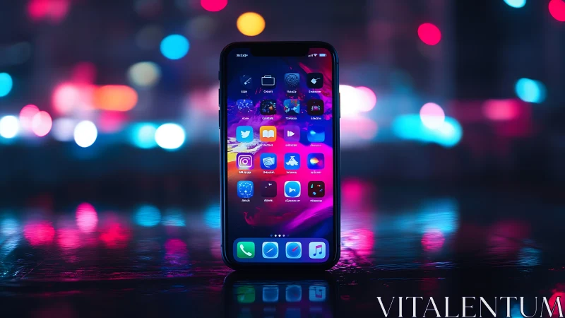 Smartphone with neon interface on reflective urban night surface