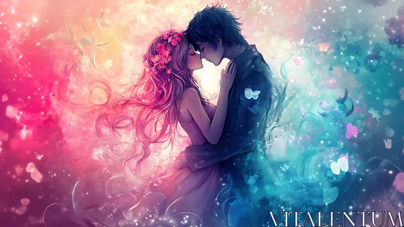 Luminescent Romantic Embrace: Chromatic Gradient Dual-Figure Composition.