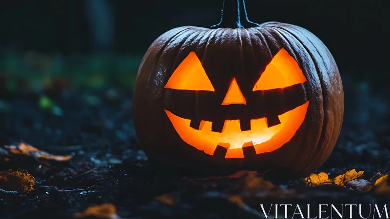 Illuminated carved pumpkin in dark outdoor setting at night.