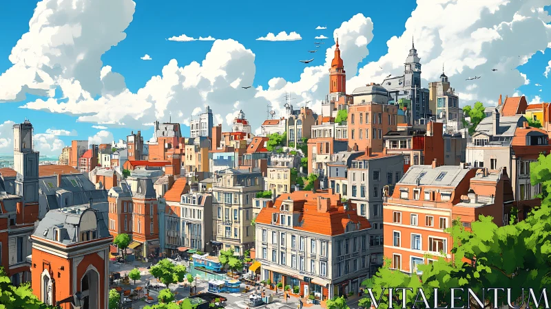 Sunlit midrise European cityscape with mixed rooftops.