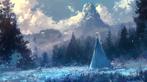 Dreamy mountain meadow with a graceful wandering princess.