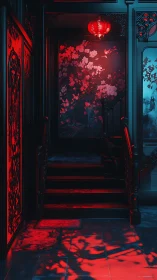 Scarlet lantern light bathes ornate stairwell in shadowed glow.