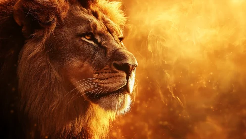 Majestic lion profile glows in swirling golden light.