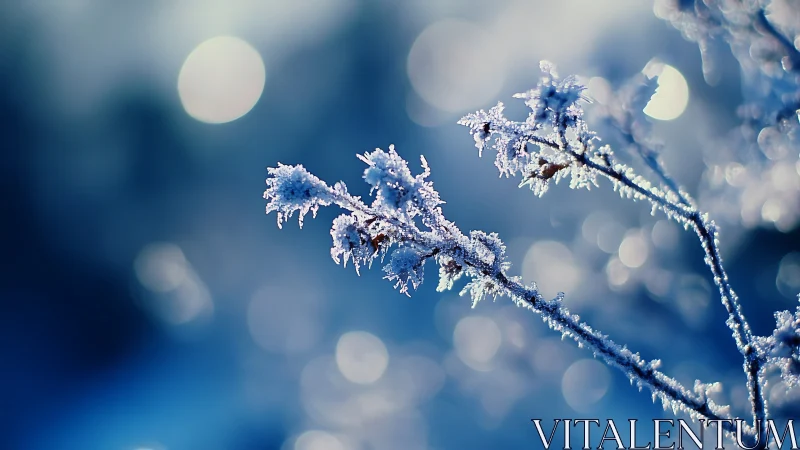 Frost kissed branches sparkling softly in winter blue light.