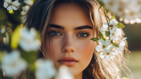 Portrait amid spring blossoms with soft golden light.