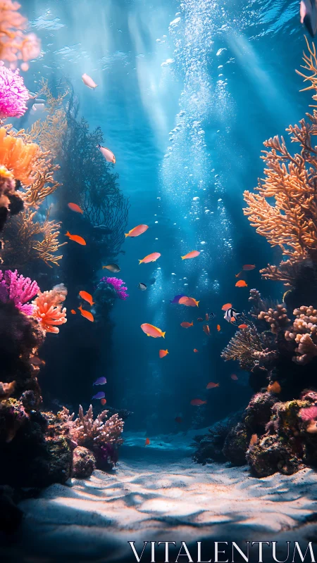 Vibrant coral canyon glows under cascading ocean light.