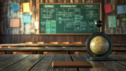 Vintage classroom globe on wooden desk with blurred chalkboard