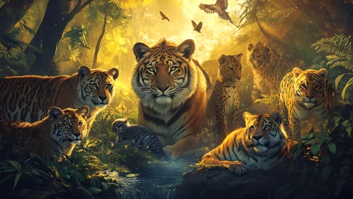 Tiger Family in Golden Jungle Sanctuary.