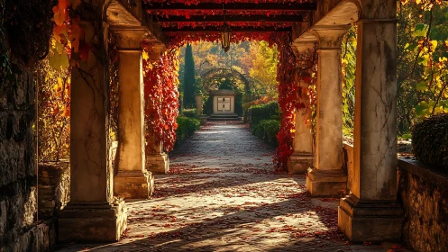Golden autumn walkway invites quiet wandering and reflection