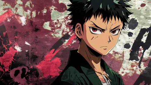 Defiant anime warrior stares past grunge blood-splatter wall