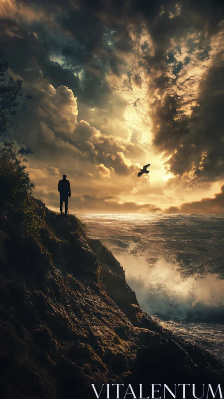 Solitary silhouette on stormy sea cliff at blazing sunset sky