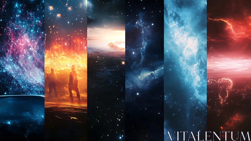 Elemental nebulae parade across a cosmic story strip.