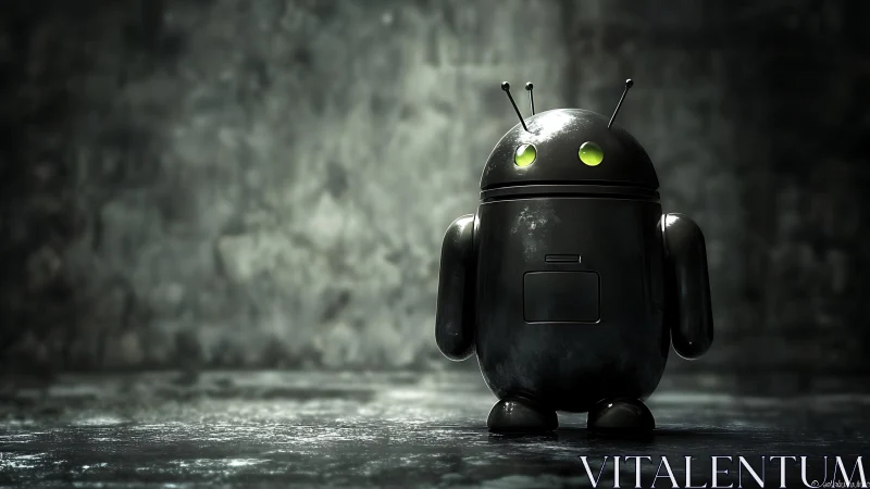 Lonely black android robot stands in a dim industrial room.