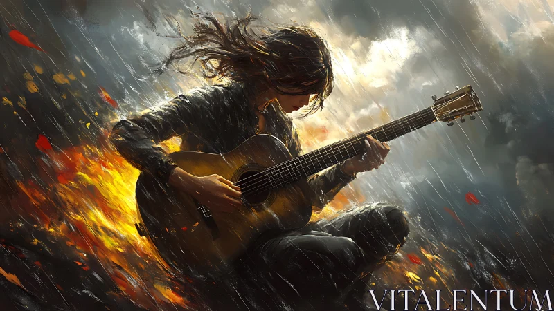 Stormlit guitarist forging melodies from rain and fire.
