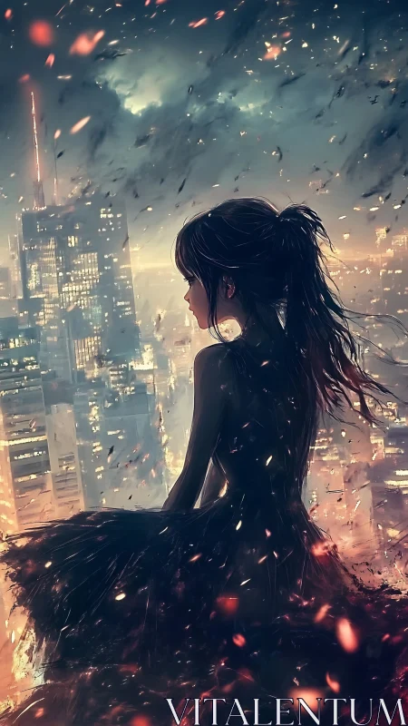 Silhouetted girl over burning night city skyline at dusk.