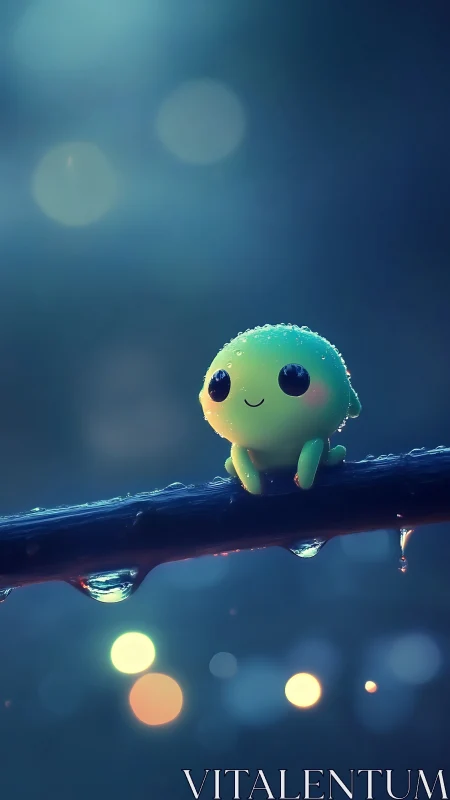 Small green creature sits on wet branch in soft bokeh light