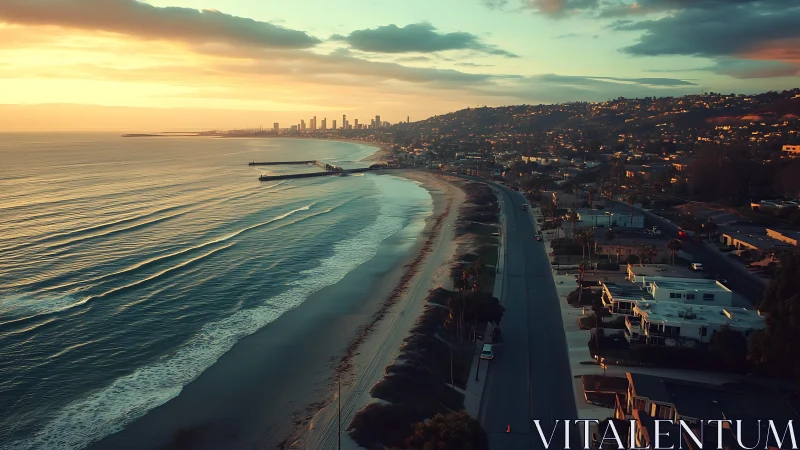 Golden hour city coastline glows beside tranquil ocean waves