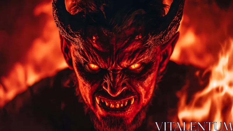Infernal horned demon portrait with fiery bokeh background glow.