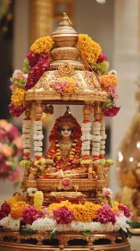 Golden Hindu deity shrine glows amid vibrant floral offerings